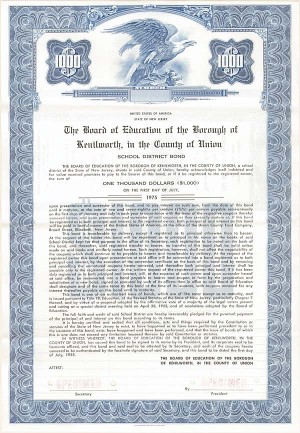 State of New Jersey - Board of Education of the Borough of Kenilworth, in the County of Union - Bond