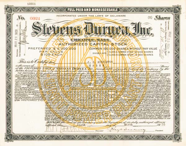 Stevens Duryea, Inc. - Stock Certificate
