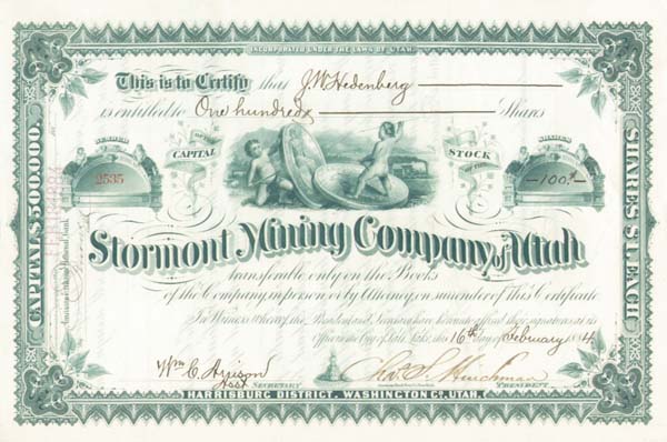 Stormont Mining Co. of Utah - Stock Certificate (Uncanceled)