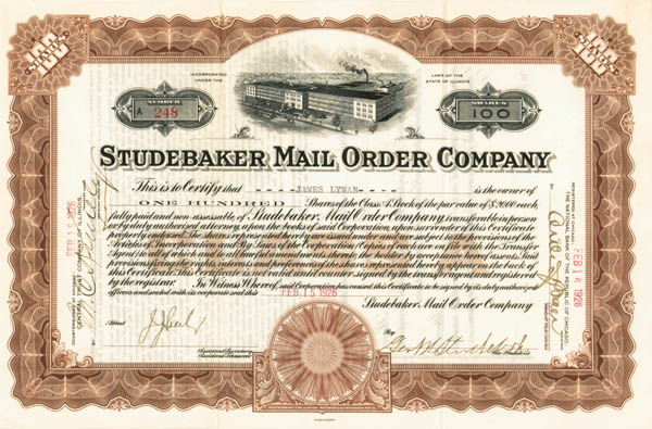 George W. Studebaker - Studebaker Mail Order Co - Stock Certificate