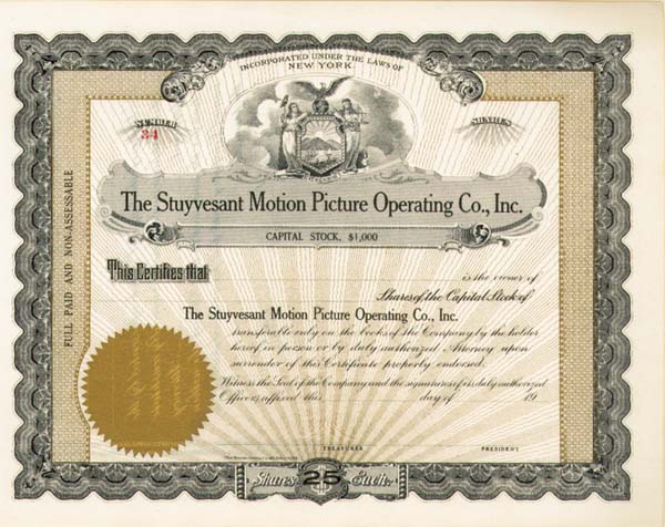 Stuyvesant Motion Picture Operating Co., Inc - Stock Certificate