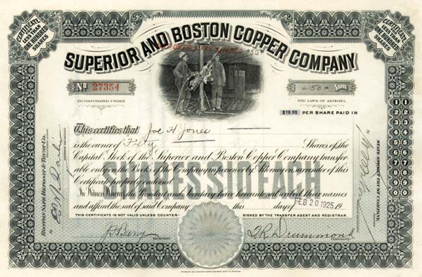 Superior and Boston Copper Co. - Stock Certificate