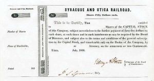 Syracuse and Utica Railroad - Stock Certificate (Uncanceled)