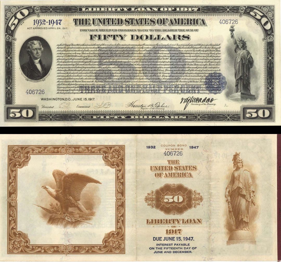 $50 Liberty Loan of 1917 Bond - 60 Coupons Still Attached