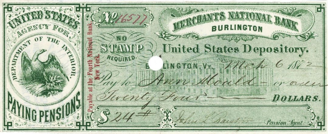 United States Depository Merchants National Bank - Check dated 1870's
