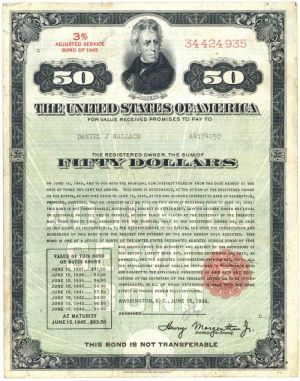 U.S. Treasury Bond - $50 3% Adjusted Service Bond of 1945 - Very Scarce