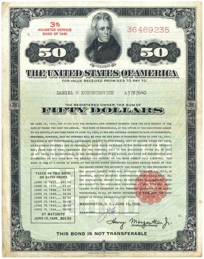 U.S. Treasury Bond - $50 3% Adjusted Service Bond of 1945 - Very Scarce