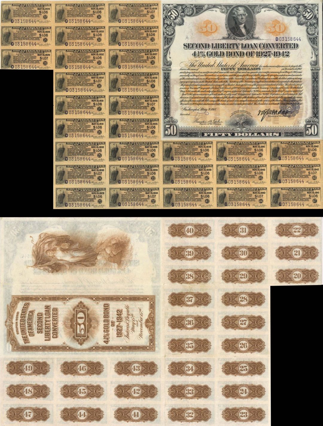 Second Liberty Loan Converted 4 1/4% Gold Bond of 1927-1942 - $50 2nd Liberty Loan Bond - 1918 dated U.S. Treasury Bond