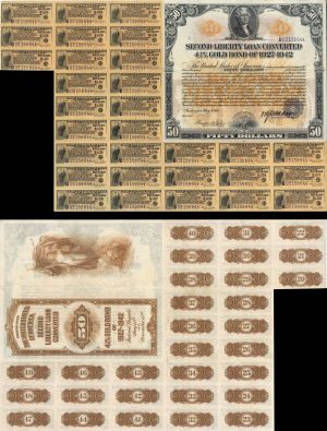Second Liberty Loan Converted 4 1/4% Gold Bond of 1927-1942 - $50 2nd Liberty Loan Bond - 1918 dated U.S. Treasury Bond
