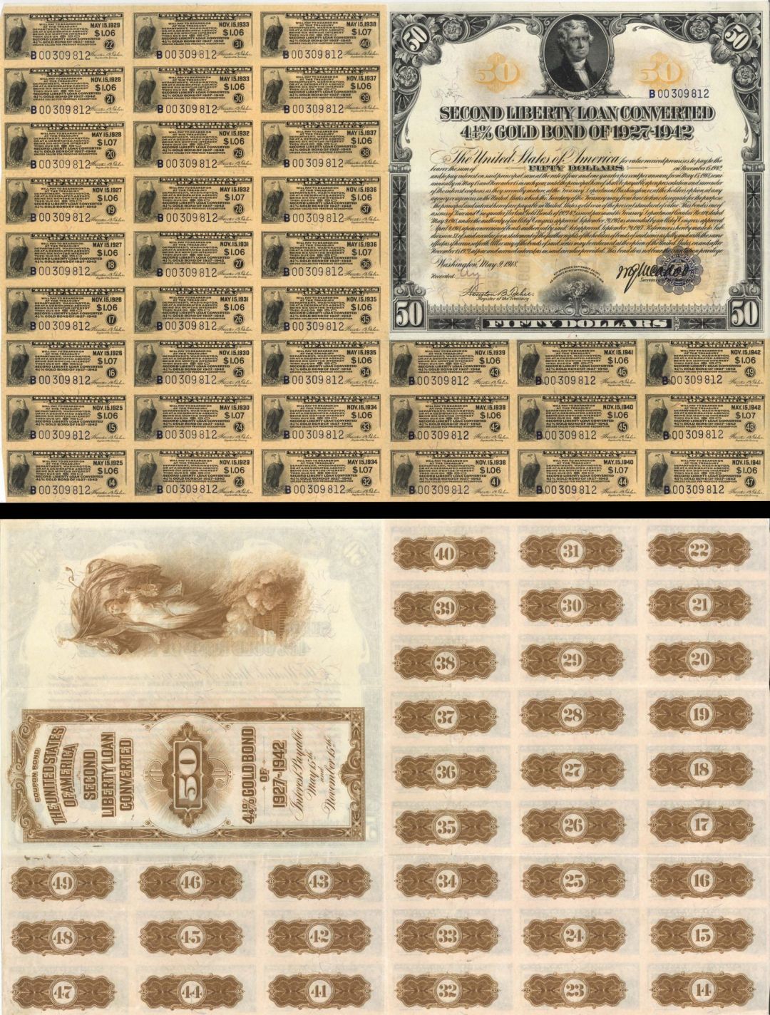 Second Liberty Loan Converted 4 1/4% Gold Bond of 1927-1942 - $50 2nd Liberty Loan Bond - 1918 dated U.S. Treasury Bond