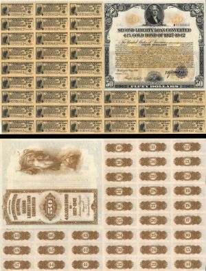 Second Liberty Loan Converted 4 1/4% Gold Bond of 1927-1942 - $50 2nd Liberty Loan Bond - 1918 dated U.S. Treasury Bond