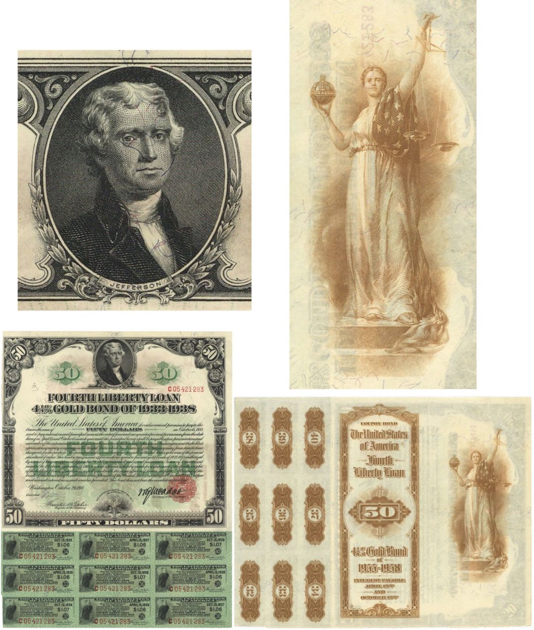 50 Dollar Fourth Liberty Loan Gold Bond of 1933-1938 - 1918 dated $50 US Treasury Bond - Gorgeous Front and Back