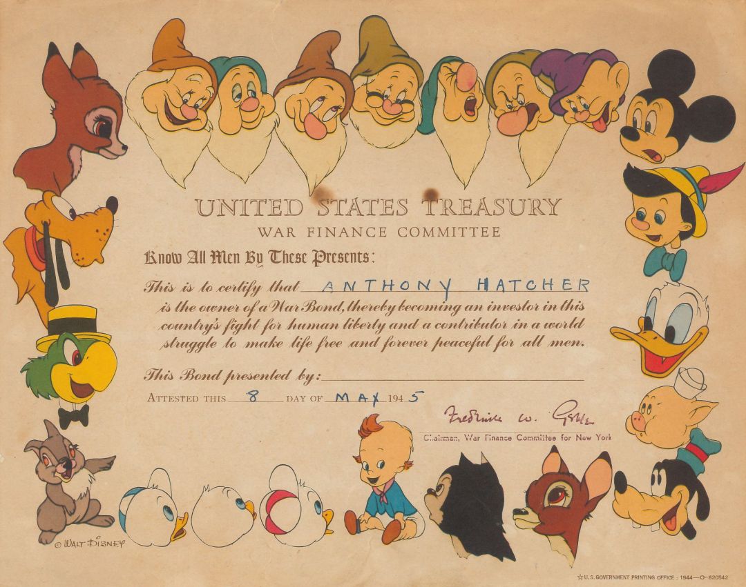 United States Treasury - 1945 dated Disney Certificate for Purchasing War Bonds