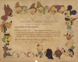 United States Treasury - 1952 dated Disney Certificate for Purchasing War Bonds