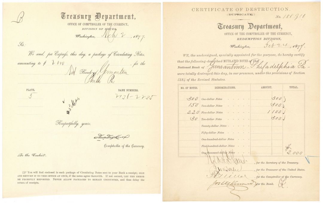 Certificate of Destruction Pair of Documents dated 1876 - Americana