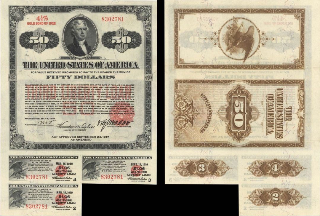 $50 Third Liberty Loan Bond of 1928 - 3 Coupons Remain