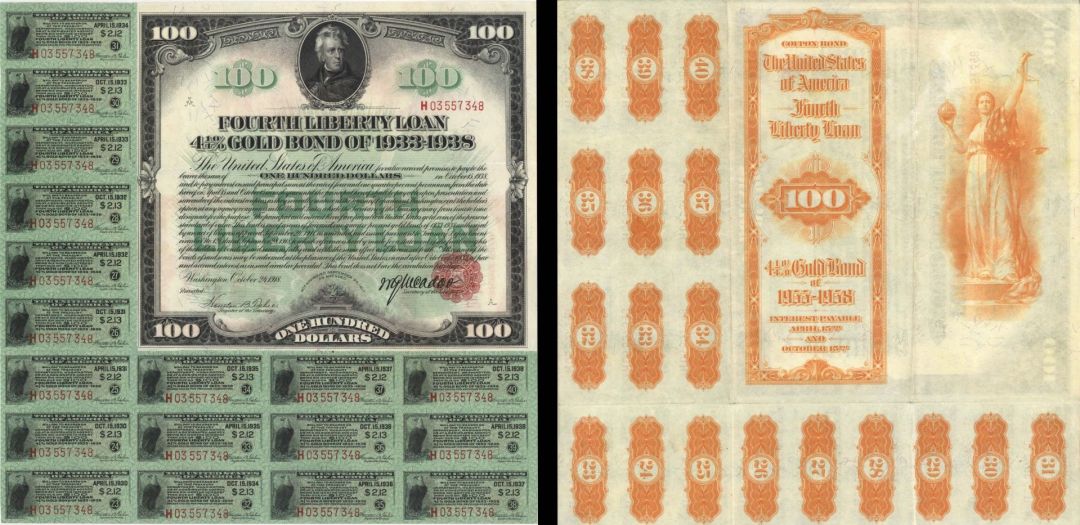 $100 Fourth Liberty Gold Bond - Many Coupons Still Remain