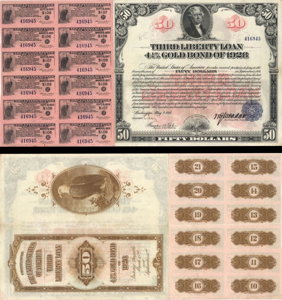 $50 1918 3rd Liberty Bond - Many Coupons Remain - 1918 dated U.S. Treasury Bond