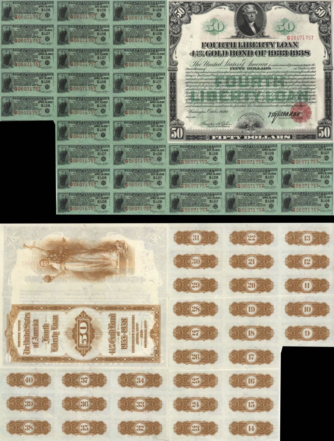 $50 Fourth Liberty Loan Gold Bond - Many Coupons Remain