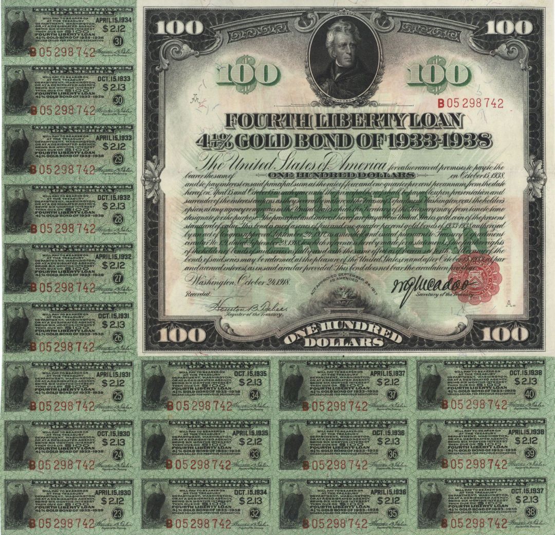 $100 Fourth Liberty Loan Gold Bond - Great Color - United States Federal Loan Bond