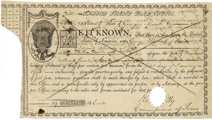 1796 United States Loan Office Bond - State of Georgia - First American Security Ever Traded