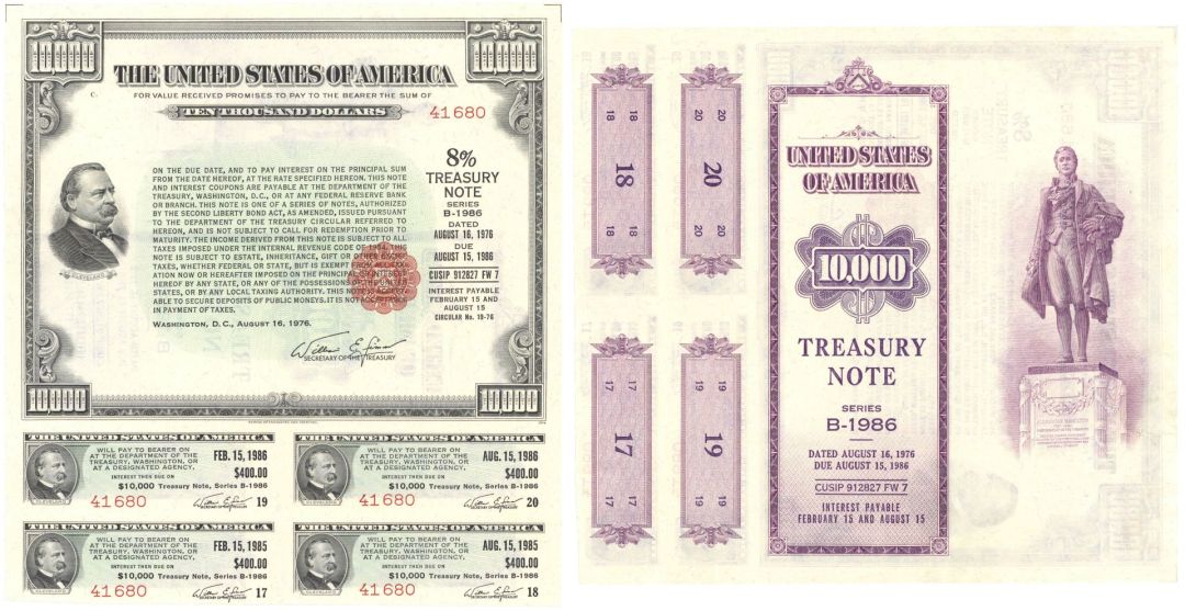 1976 dated $10,000 Treasury Note  - U.S. Treasury Instrument - Only 2 Known to Exist of this Type