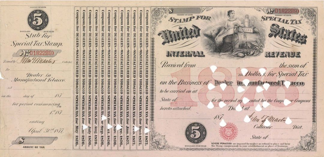 United States Internal Revenue - 1876 Stamp for Special Tax - Unissued Treasury Bond