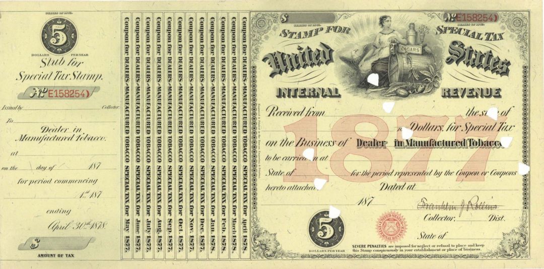 United States Internal Revenue - 1877 Stamp for Special Tax - Unissued Treasury Bond