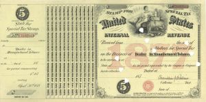 United States Internal Revenue - 1877 Stamp for Special Tax - Unissued Treasury Bond