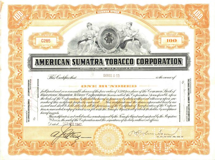 American Sumatra Tobacco Corporation - Stock Certificate