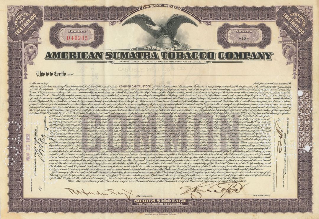 American Sumatra Tobacco Co. - 1920's-1930's dated Stock Certificate