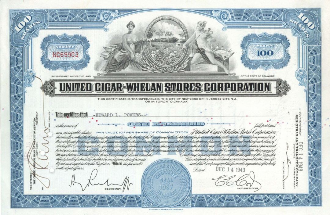 United Cigar-Whelan Stores Corp. - 1943 dated Stock Certificate
