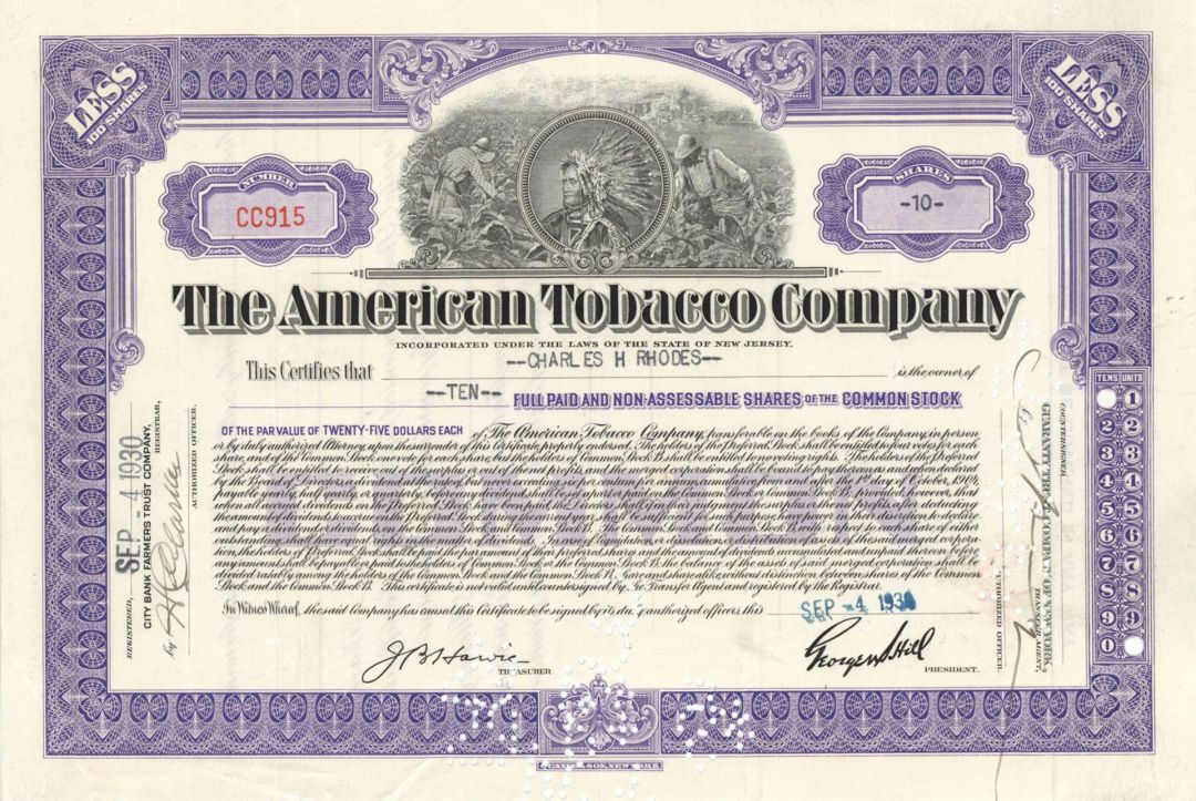 American Tobacco Co. - 1930 dated Stock Certificate - Acquired Lucky Strike & over 200 Rival Firms