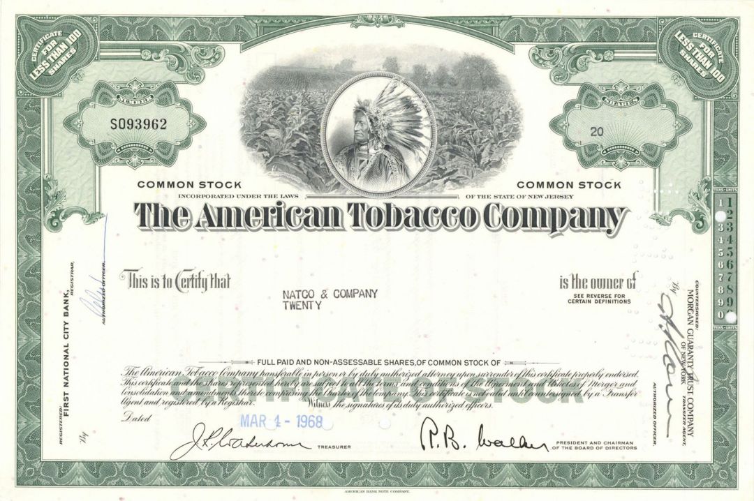 American Tobacco Co. - dated 1950's-60's Stock Certificate - Acquired Lucky Strike & over 200 Rival Firms