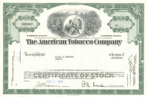 American Tobacco Co. - 1950's-60's dated Stock Certificate - Acquired Lucky Strike & over 200 Rival Firms