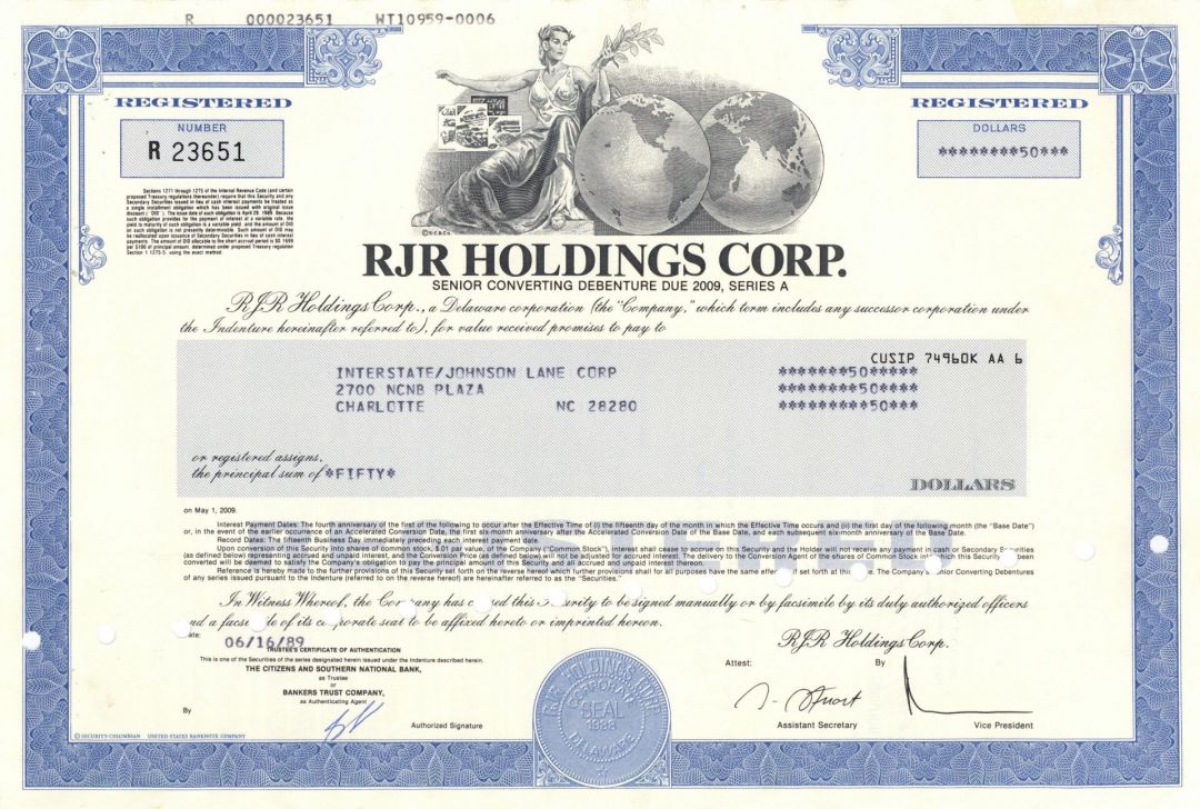 RJR Holdings Corp. - Famous Tobacco Company Bond dated 1989 - Merged with Nabisco Brands
