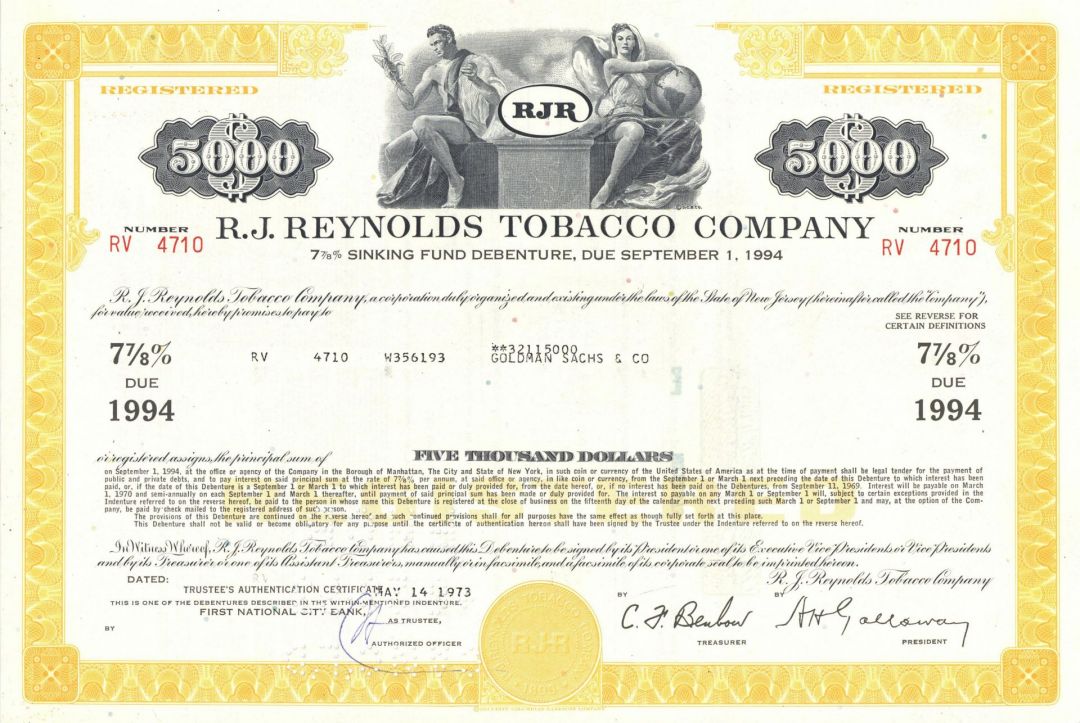 R.J. Reynolds Tobacco Co. - 1970's dated Tobacco Company Bond - Merged with British American Tobacco in 2004