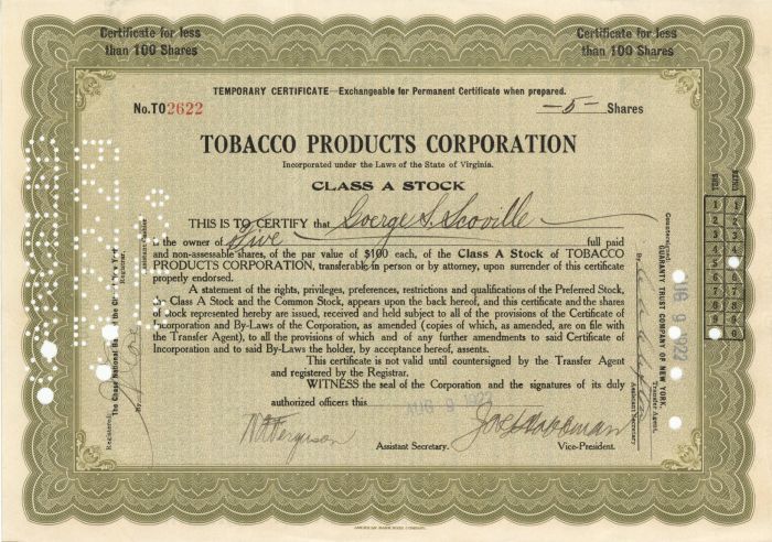 Tobacco Products Corporation - 1922 dated Stock Certificate - Rare Type - Involved with J. P. Morgan and US Steel