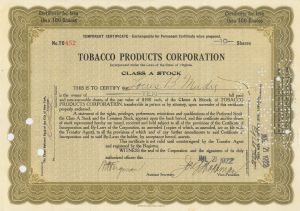 Tobacco Products Corporation - 1922 dated Stock Certificate - Rare Type - Involved with J. P. Morgan and US Steel