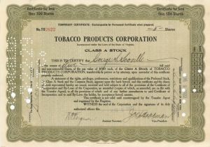 Tobacco Products Corporation - Stock Certificate