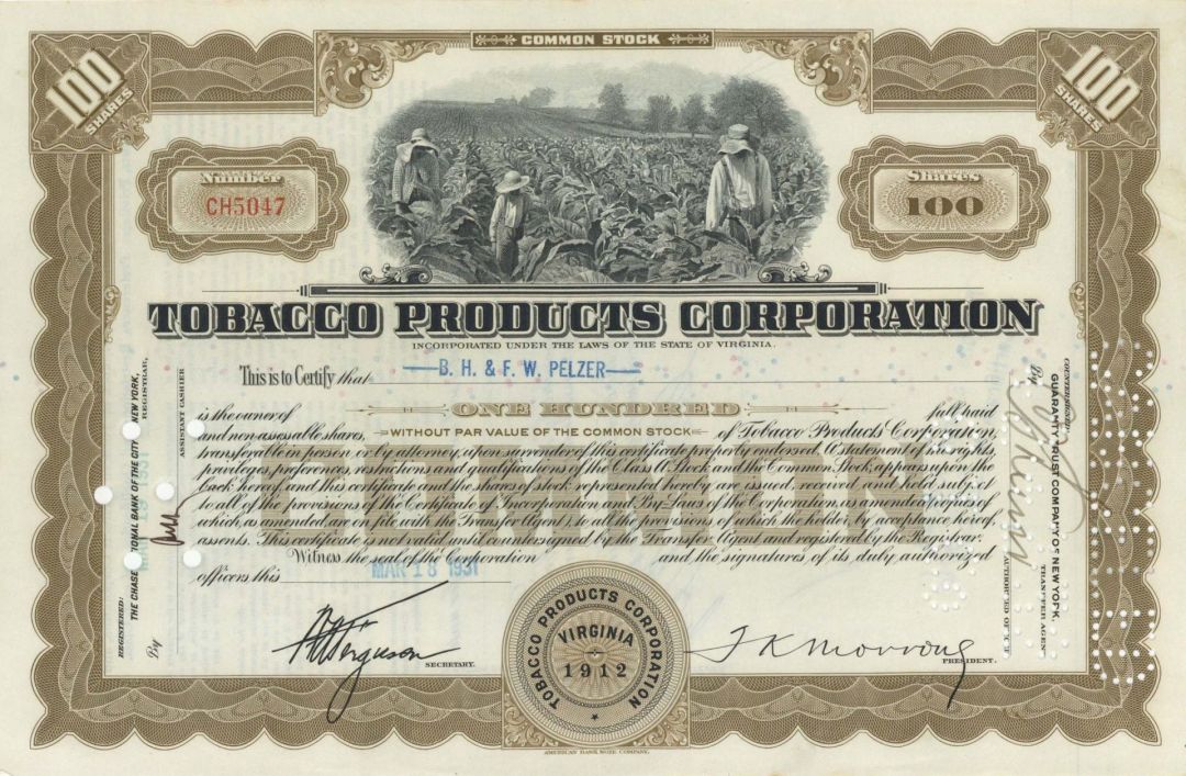 Tobacco Products Corp. - Cigars & Cigarettes - Stock Certificate