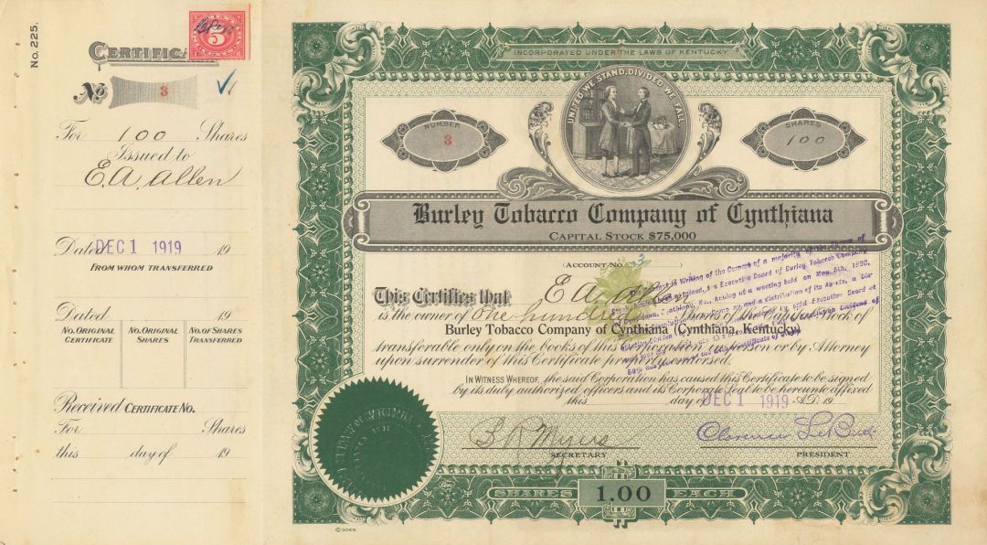Burley Tobacco Co. of Cynthiana - 1919 dated Kentucky Stock Certificate