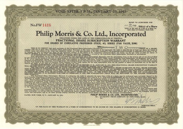 Philip Morris and Co. Ltd., Incorporated - Tobaco Fractional Share Certificate