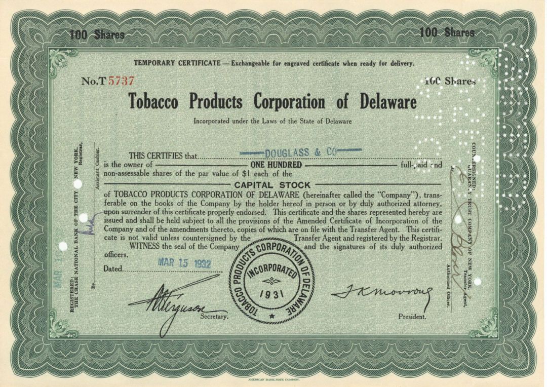 Tobacco Products Corporation of Delaware - 1932 Stock Certificate