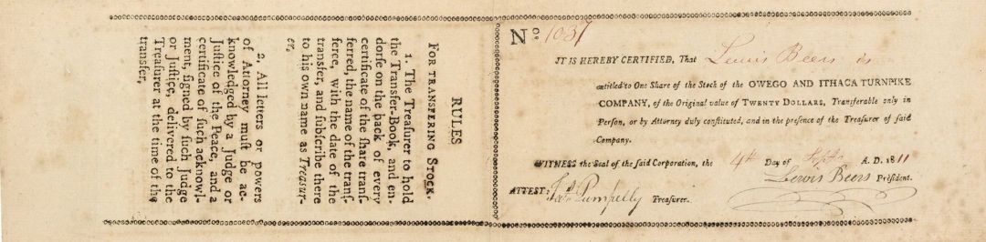 Owego and Ithaca Turnpike Co. - Stock Certificate