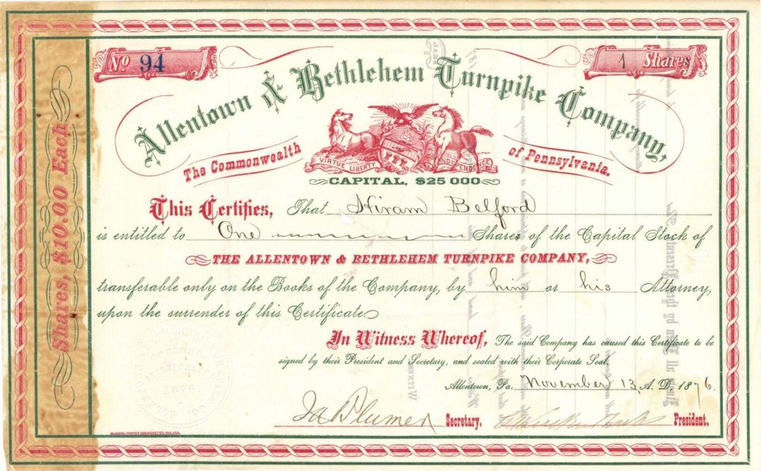 Allentown and Bethlehem Turnpike Co. - 1876 dated Stock Certificate