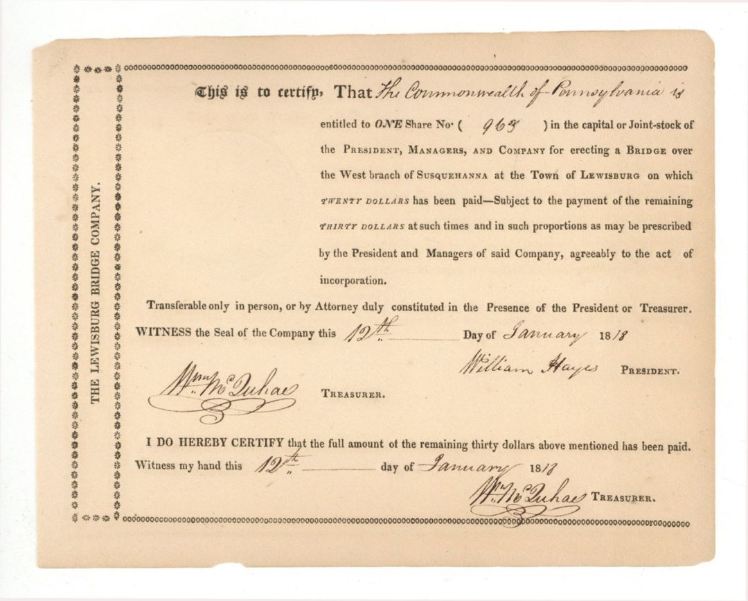 President, Managers, and Co. - 1818 dated Early Turnpike Stock