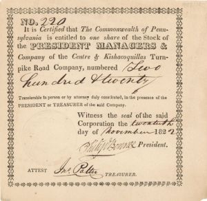 President Managers and Co. of the Centre and Kishacoquillas Turnpike Road Co. - Stock Certificate