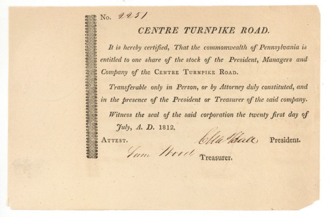 Centre Turnpike Road - Stock Certificate