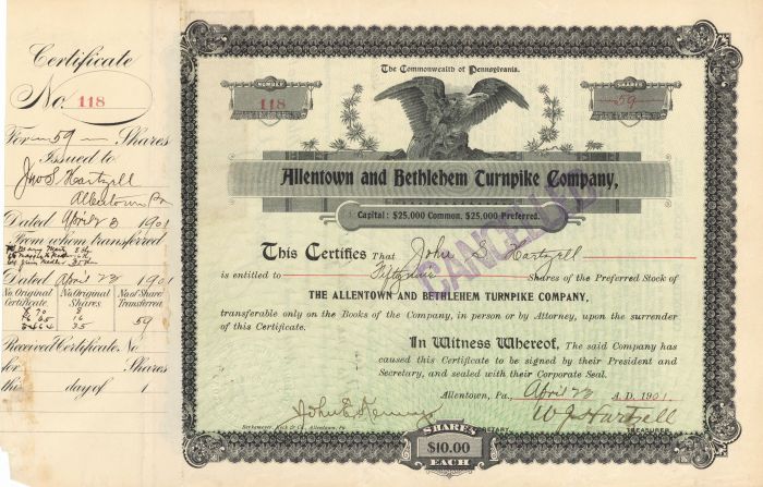Allentown and Bethlehem Turnpike Co. - Stock Certificate